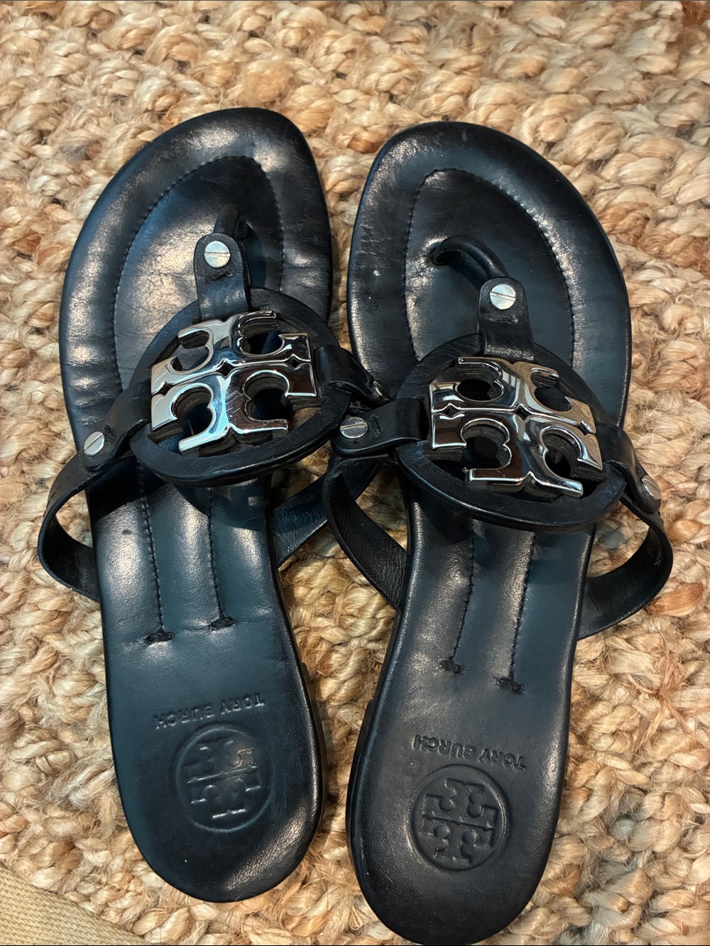 Tory Burch Black Sandals with Silver-Tone Logo Medallions - Picture 4 of 9